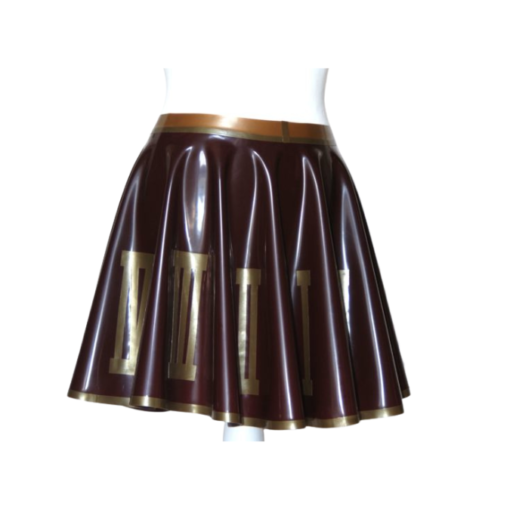 A steampunk skater skirt in chocolate brown latex.