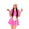 waitress dress with apron shown in bubble gum pink and white.