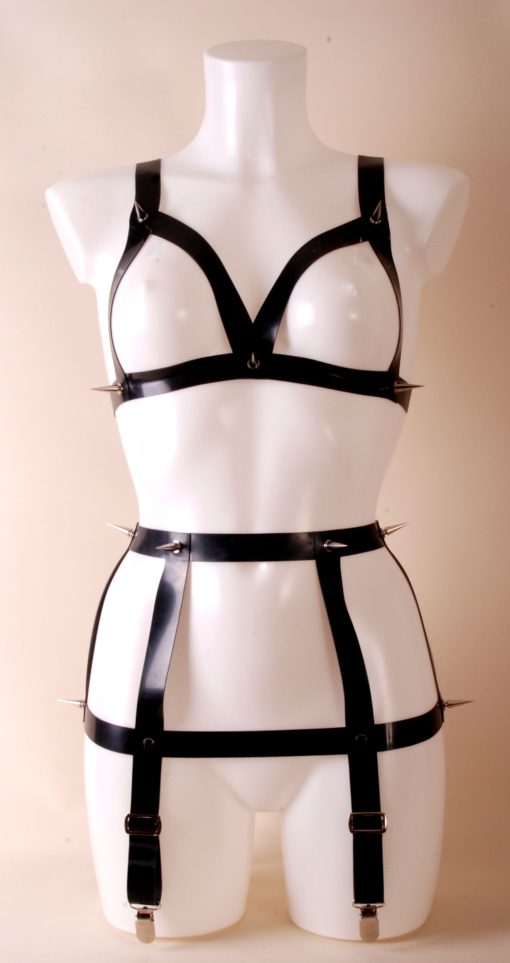 Latex Spiked Open Bust Bra and Suspender Belt