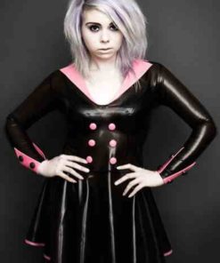 Button cuff latex dress with contrast collar.