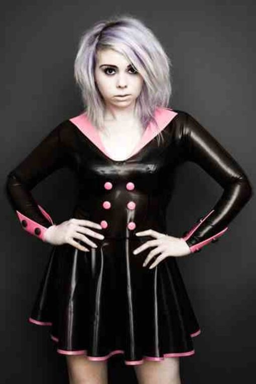 Button cuff latex dress with contrast collar.