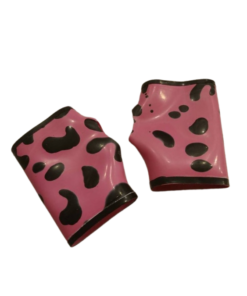 leopard print gauntlets in bubble gum pink latex
