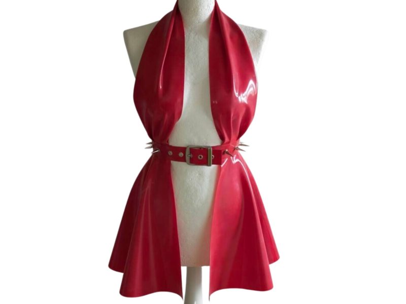 Red latex spiked peplum dress