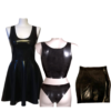 Black Latex Starter Set. It includes a sleeveless swing dress, crop top, pants and mini skirt.