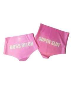 Custom Text Latex Knickers in bubble gum pink with white font.