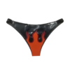 Flames Thong in black latex with orange and red flames appliques on the front.