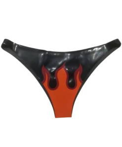 Flames Thong in black latex with orange and red flames appliques on the front.