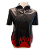 A black flames polo shirt. A short sleeved T shirt with three poppers and collar. The hemline features large red latex flames appliques.