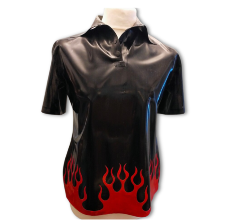 A black flames polo shirt. A short sleeved T shirt with three poppers and collar. The hemline features large red latex flames appliques.